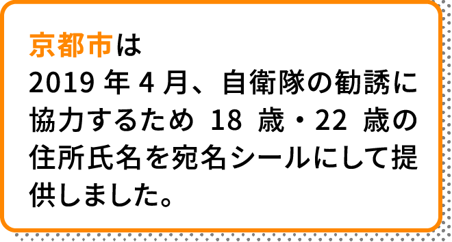 京都市は2019年4月、自衛隊の勧誘に協力するため18歳・22歳の住所氏名を宛名シールにして提供しました。