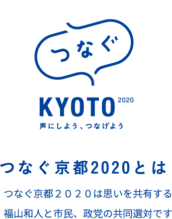 つなぐ京都2020とは　つなぐ京都2020は思いを共有する福山和人と市民、政党の共同選対です